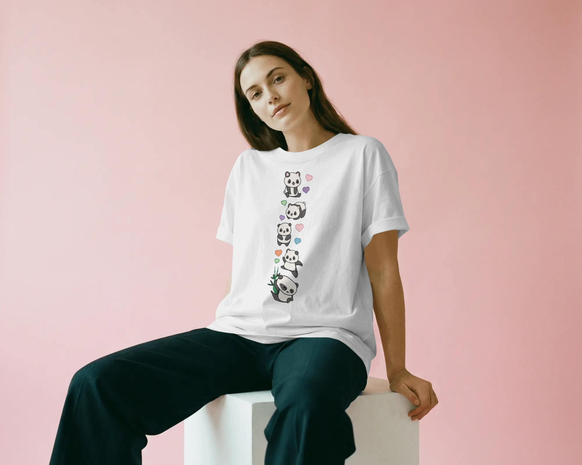 Cute Panda Stack Graphic T-Shirt