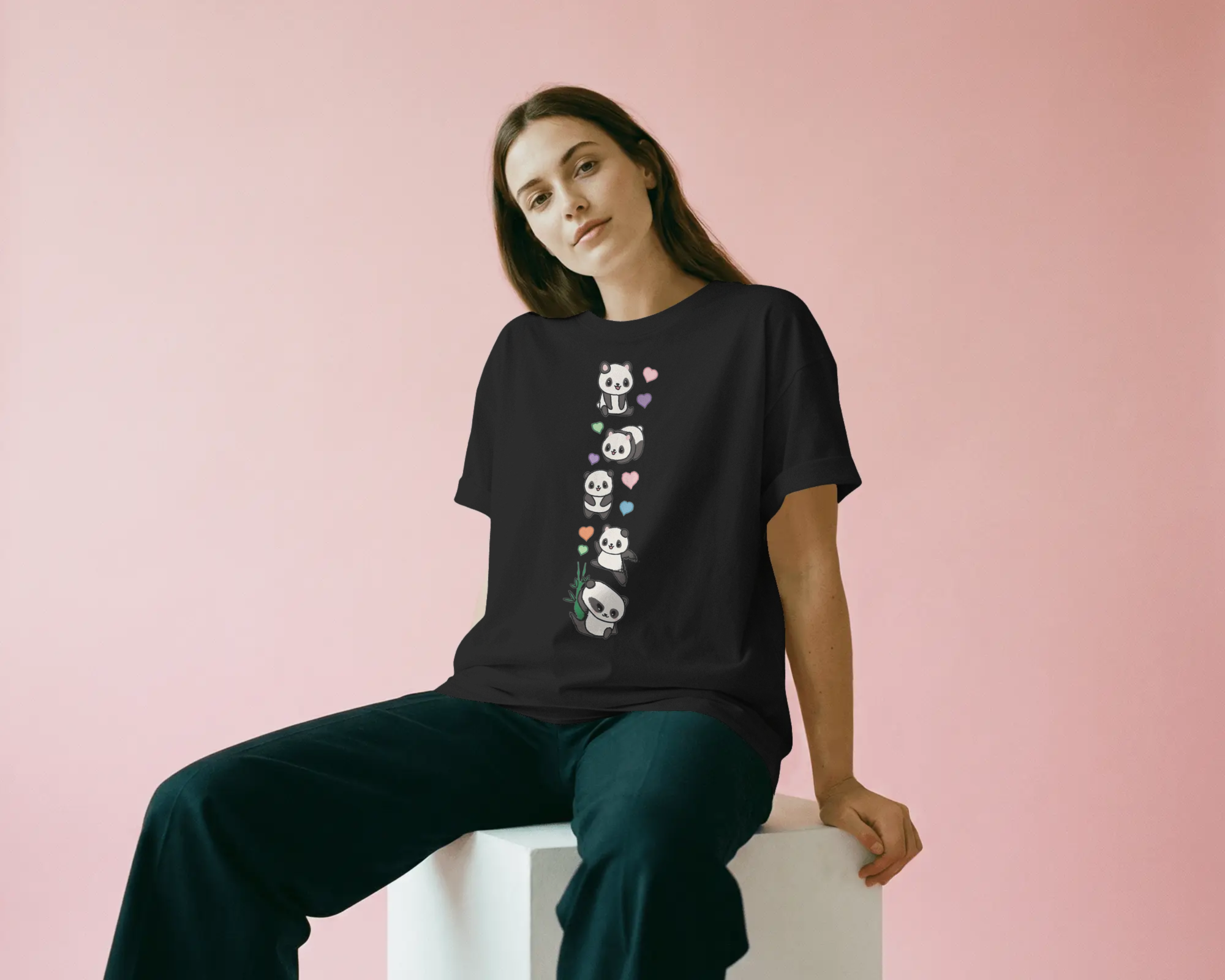 Cute Panda Stack Graphic T-Shirt