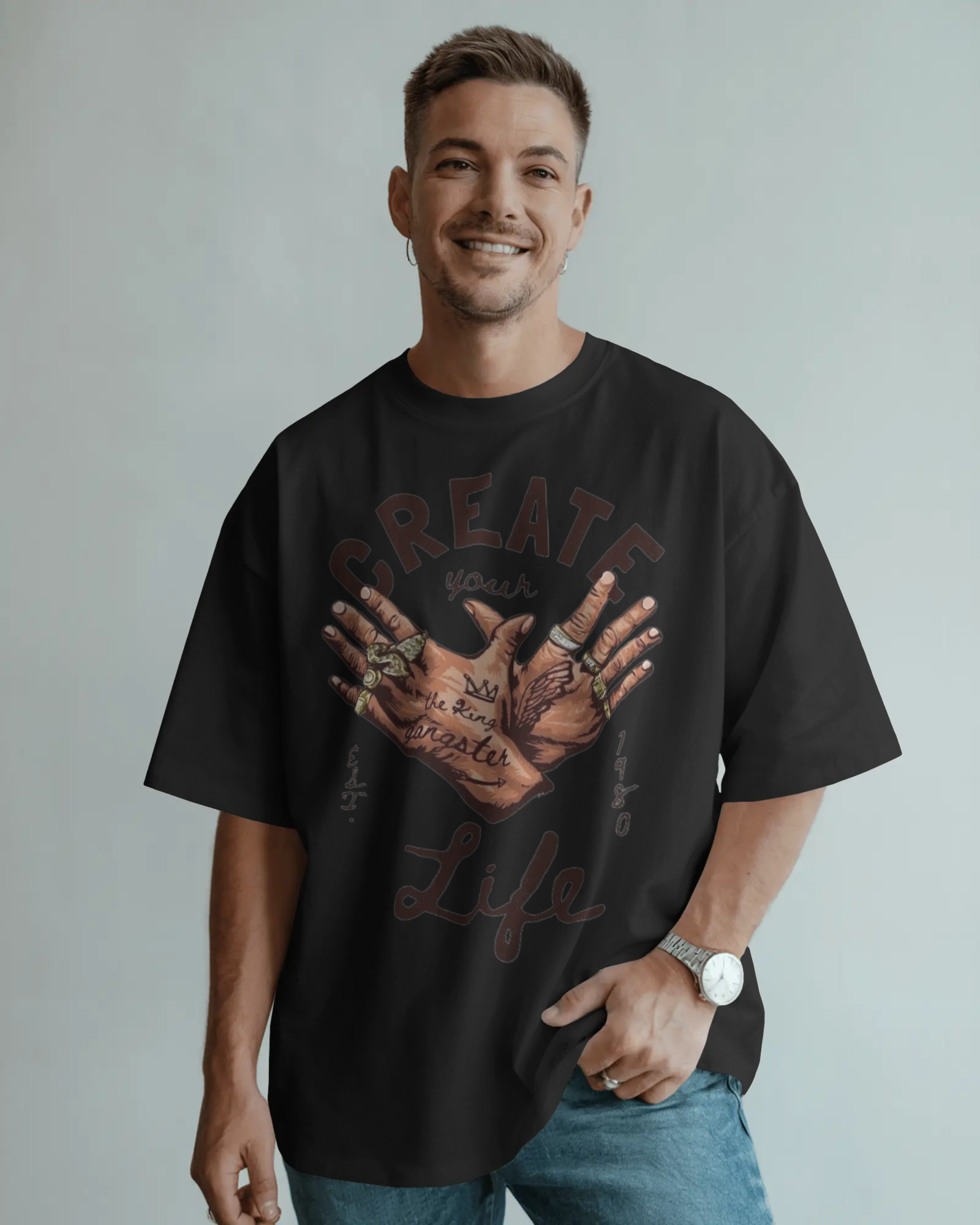 Men Graphic Printed Round Neck Cotton Oversized T-Shirt