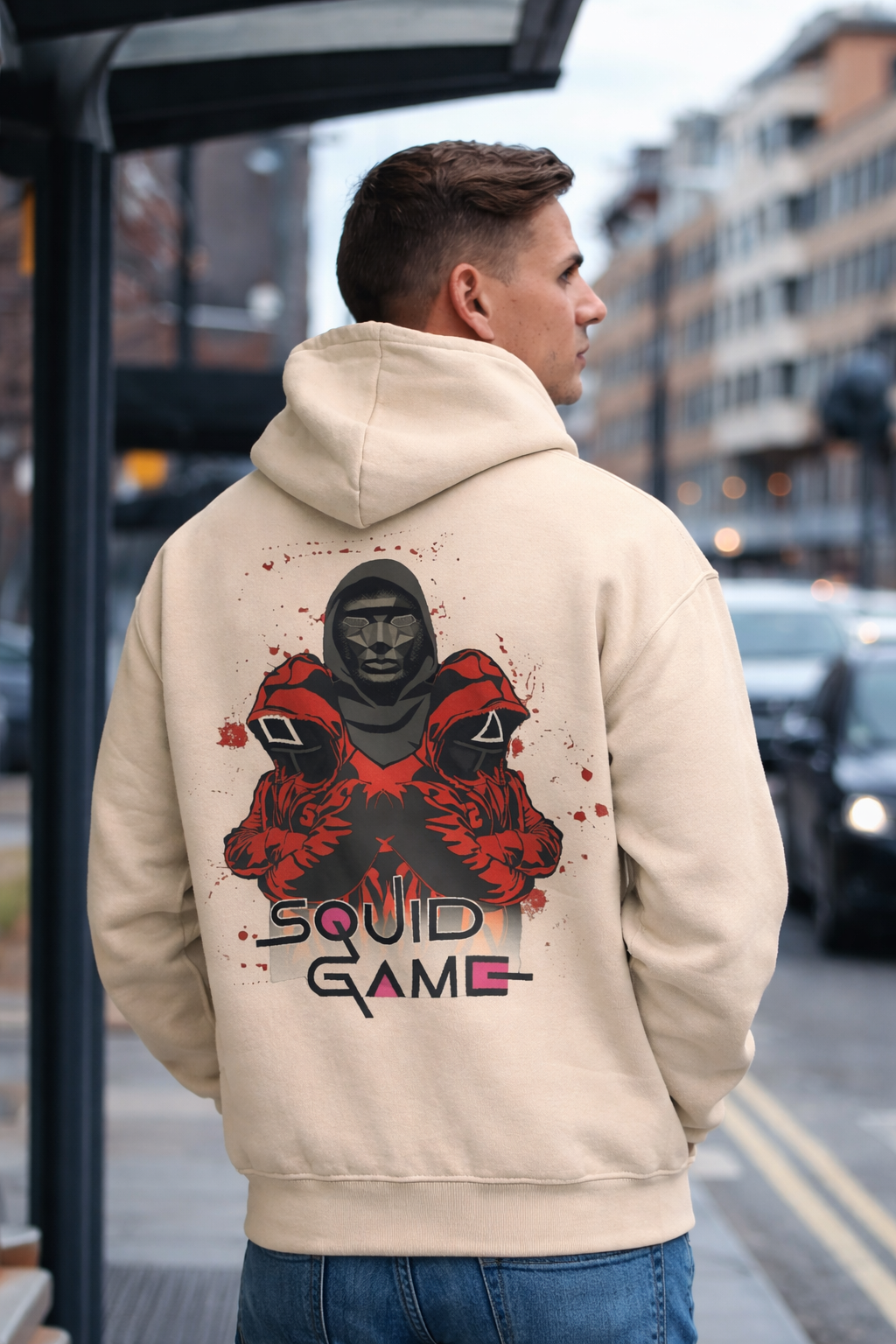 Men Squid Game Back Print Cotton Fleece Oversized Hoodie