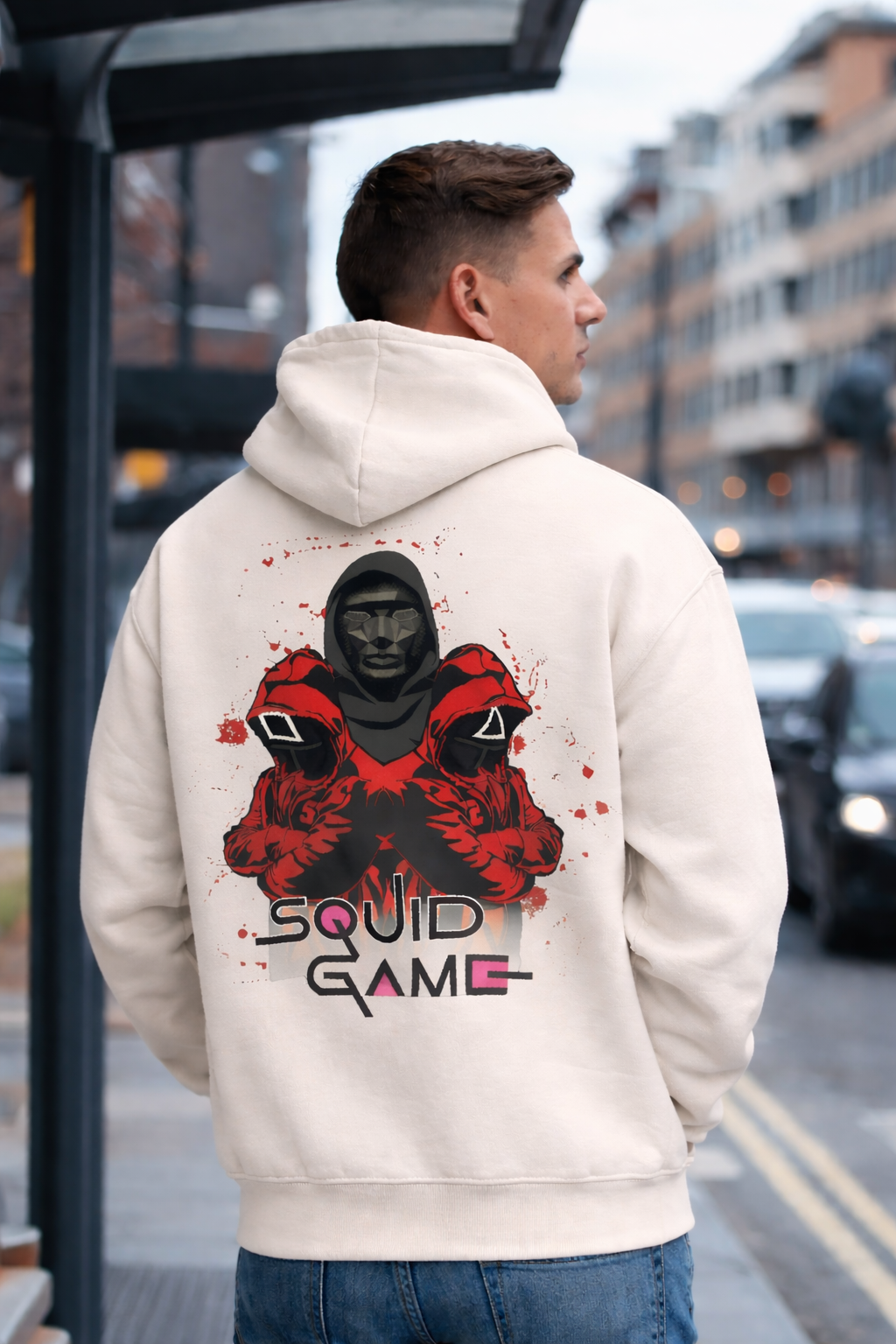Men Squid Game Back Print Cotton Fleece Oversized Hoodie