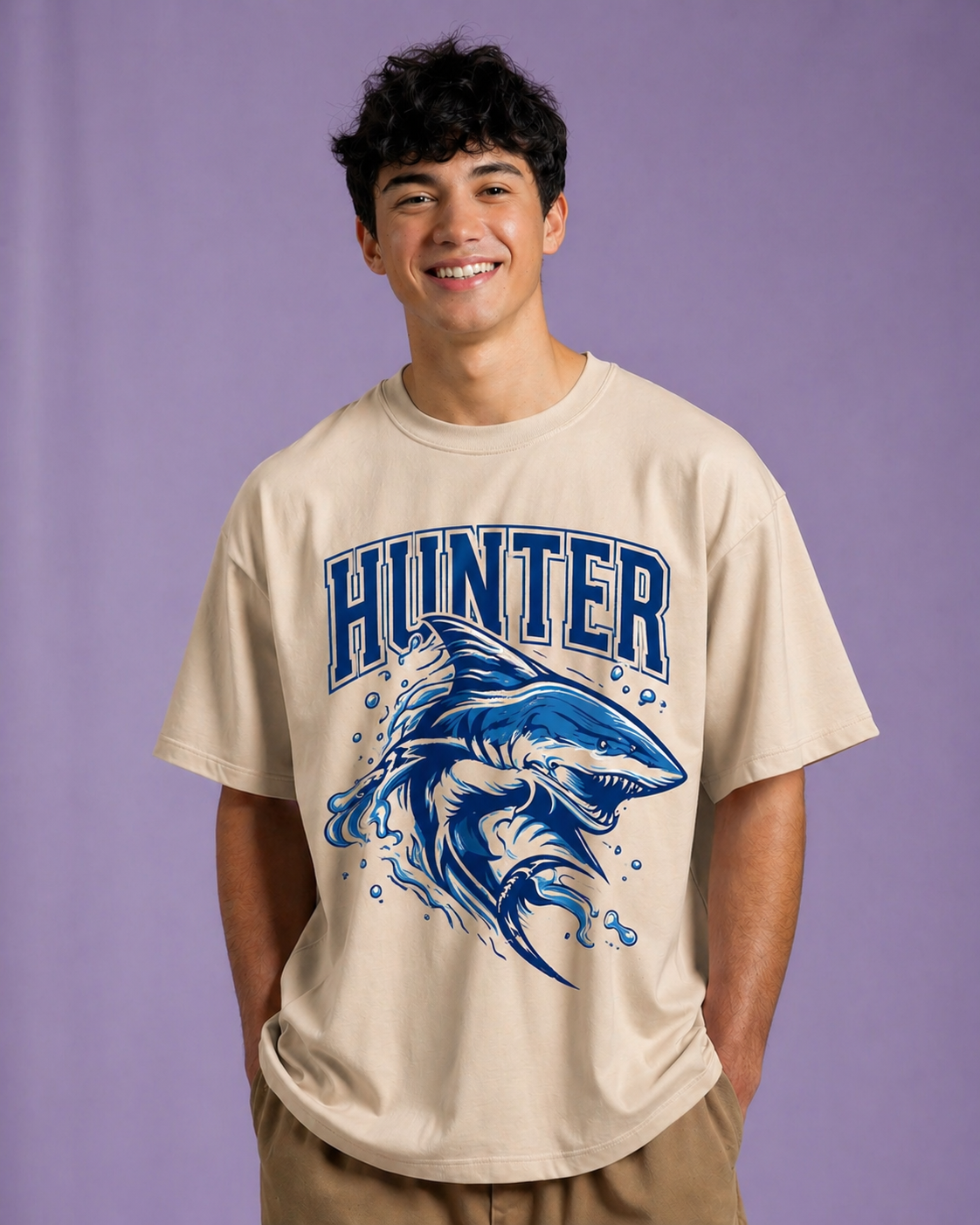 Men Hunter Shark Graphic Print Cotton Oversized T-Shirt