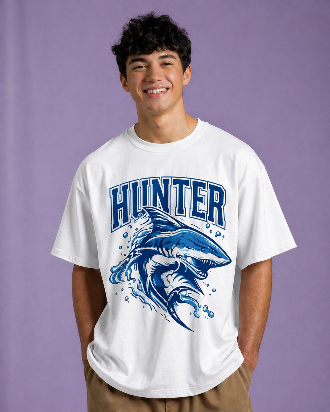 Men Hunter Shark Graphic Print Cotton Oversized T-Shirt