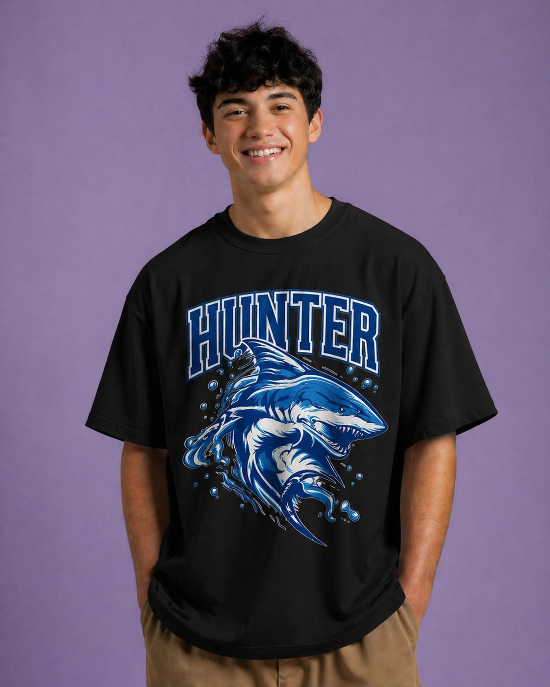 Men Hunter Shark Graphic Print Cotton Oversized T-Shirt