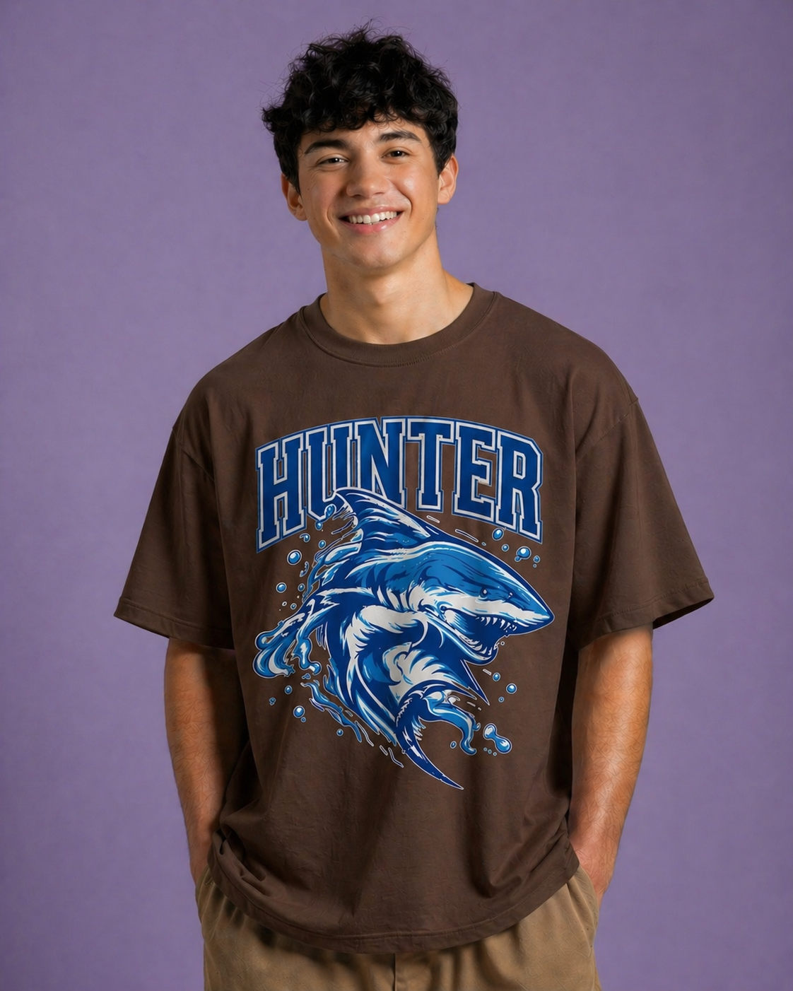 Men Hunter Shark Graphic Print Cotton Oversized T-Shirt