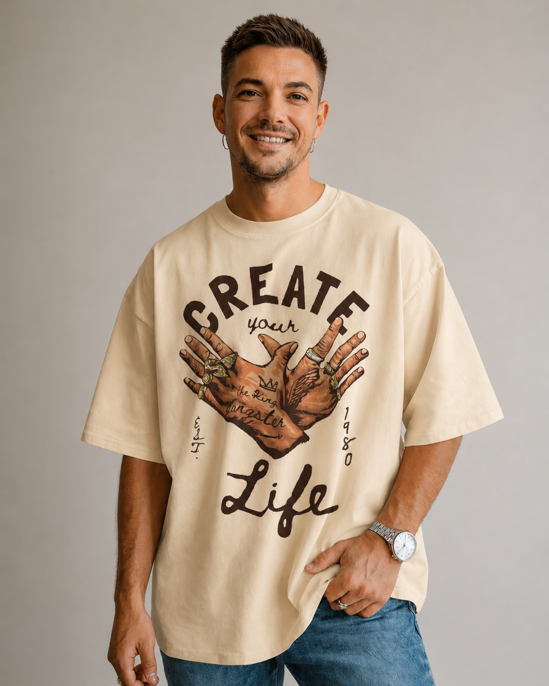 Men Graphic Printed Round Neck Cotton Oversized T-Shirt