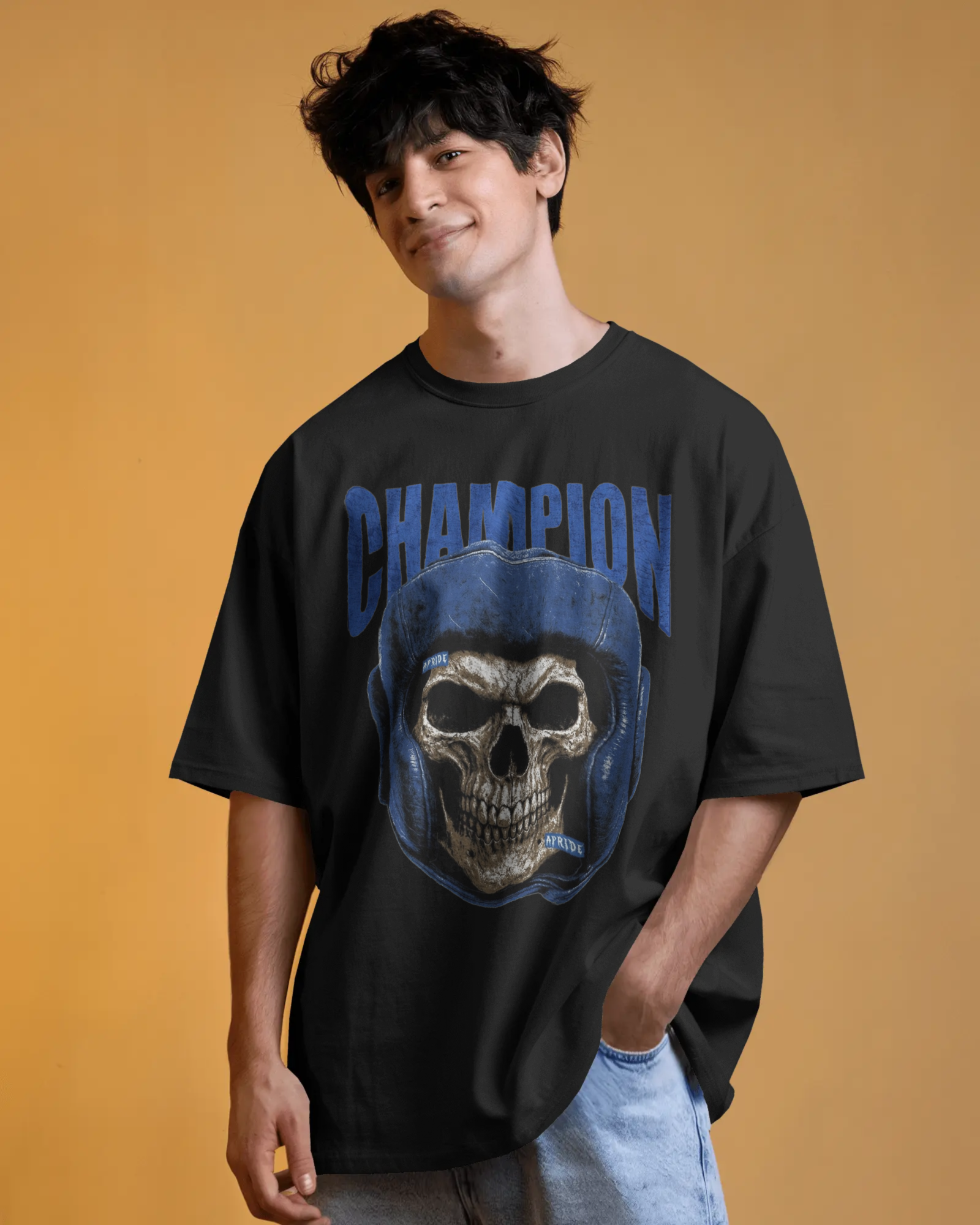 Men Champion Skull Graphic Printed Cotton Oversized T-Shirt