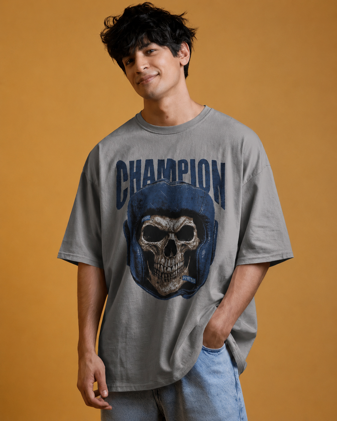 Men Champion Skull Graphic Printed Cotton Oversized T-Shirt