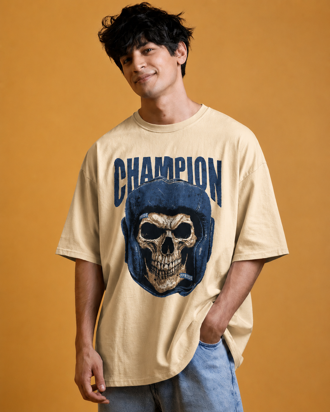 Men Champion Skull Graphic Printed Cotton Oversized T-Shirt
